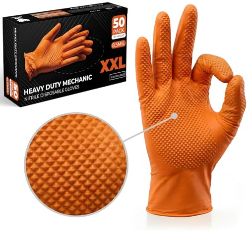 The Real Touch Nitrile Gloves, 50 Count, Heavy-Duty Disposable Mechanic Gloves, Diamond Textured, Latex & Powder-Free, Non-Slip, Extra Thick, Ideal for Automotive, Industrial Tasks (Orange - 50, XXL)