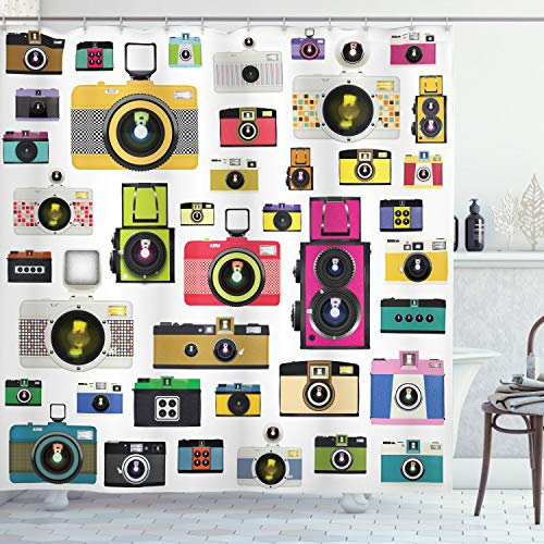 ABAKUHAUS Ancien Rideau de Douche, Vintage Vieux appareils Photo, Tissu Ensemble de Décor de Salle de Bain avec Crochets, 175 cm x 200 cm, Multicolore