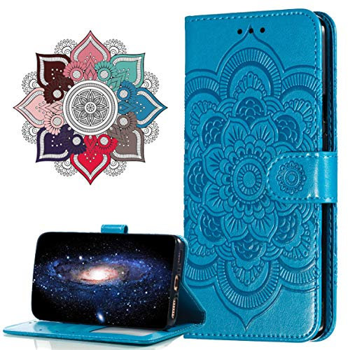 MRSTER Flip Case for Moto G7 Power PU Leather Wallet Closure Embossed Shockproof Cover with Kickstand Card Slots Holder for Motorola Moto G7 Power. LD Mandala Blue