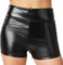 dressforfun 901007 Damen Metallic Hotpants, glänzende Shorts mit hoher Taille, eng anliegende Kurze Hose für Tanz Sport Disco Kostüm Fasching Karneval - Diverse Größen - (L | schwarz | Nr. 303579)