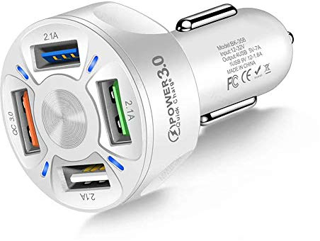 Caricabatterie Auto 4 Porte USB,MoreChioce Caricatore per Auto 12-24 V Caricabatteria Auto USB Universale Compatibile con Telefoni Cellulari Tablet Altri Accessori USB,Bianca