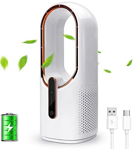CONBOLA Desk Fan Small Quiet, Battery Operated Portable, Bladeless Desktop Fan with 3 Cooling Speeds, 11.8 Inch Touch Control Personal Fan for Bedroom, Office, Home, Outdoor (White)