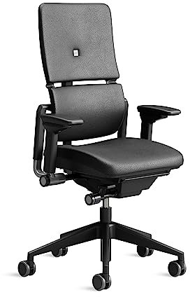 Steelcase Please Ergonomischer Bürodrehstuhl mit höhenverstellbarer Lumbalstütze Schwarzes Leder