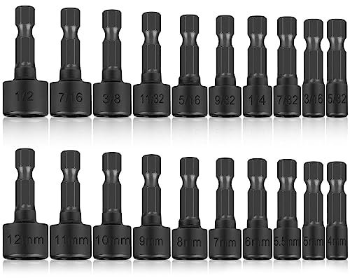 K Kwokker 20 PCS Socket Nut Driver Set, 1/4 Inch Hex Shank Quick Change Metric and Imperial Socket Nut Impact Driver Adapter Drill Bits for Any Hand Drill, Electric Screwdriver and Socket Wrench Screw