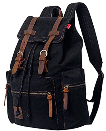 LIYGHFRTIO Canvas Rucksack Vintage Leder Rucksack Kordelzug Bookbag Für Frauen Und Männer Passen 14-Zoll-Laptop Für Die Schule Wandern Reisen(Color:SCHWARZ)