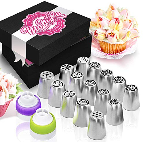 MoNiRo 33tlg. Spritztüllen Set Edelstahl - incl. Spritzbeutel aus Silikon - Backzubehör zum verzieren von Torten und Cupcakes - Spritztüllenset - Backen - Rosen Blumen