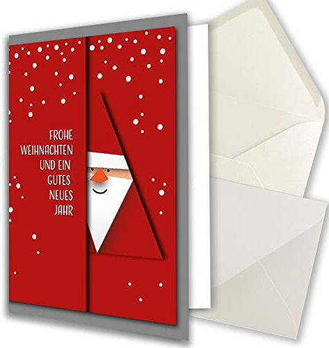 NEUSER PAPIER 10 XL Weihnachtskarten-Set DIN A5 mit rotem Weihnachtsmann Motiv - Faltkarten mit passenden Umschlägen DIN C5 Naturweiß mit Nassklebung - Weihnachtsgrüße für Firmen und Privat