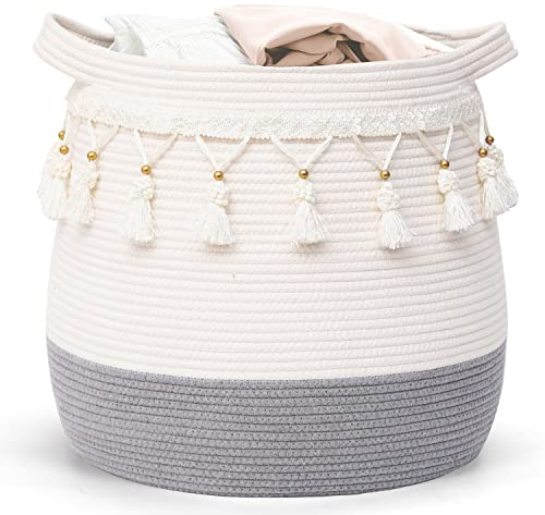Lauatiiu Cesta grande de cuerda de algodón, cesta de almacenamiento tejida para juguetes, organizador de ropa y mantas, para habitación infantil, diámetro 45 x 43 cm producto patentado (gris claro)