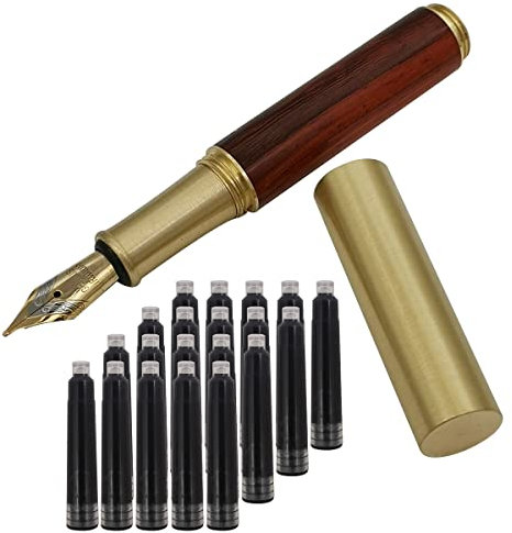 SIPLIV Handcrafted Brass Wooden Fountain Pen Short Paragraph (85mm) Pocket Mini Travel Pen with 20 Pcs Black Ink Cartridges, Brown-red Texture