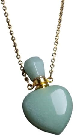 YIGEDAN Natural Green Jade Crystal Heart Shape Perfume Bottle Pendant Necklace Reiki