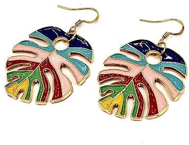 Monstera Enamel Earrings, Bright Colours, 3.5 cm drop, Cheese Plant Jewellery, Gift for Her, Gold Plated Wires