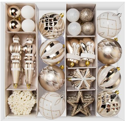 SVNVIOZ 70 Stück Weihnachtskugeln Set Champagner Weiß, Christbaumkugeln Kunststoff Deko Weihnachten, Weihnachtsbaumschmuck mit Aufhänger, Weihnachtsbaumkugeln für Weihnachtsdeko Innen Aussen