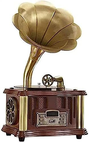 Giradischi retrò Boombox, mini grammofono vintage da tavolo tutto in uno con tromba in rame, altoparlante Bluetooth portatile, altoparlante integrato 3,5 mm Aux-in/USB/radio FM ricaricabile