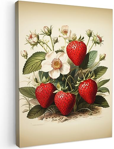 MuchoWow© Leinwand Bilder 30x40 cm Wanddeko Wohnzimmer Aesthetic Room Decor Deko Zimmer Wandbilder Modern Fotogeschenke Vintage - Erdbeere - Pflanzen - Obst - Natur - Beige