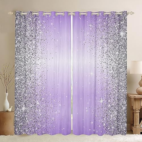 Manfei Light Purple Blackout Curtains Abstract Sliver Grey Print (No Glitter) Window Drapes for Kids Girls, Sequins Sparkling Window Treatments, Grommet Top 2 Panel Set Bedroom Curtains, 46Wx54L inch