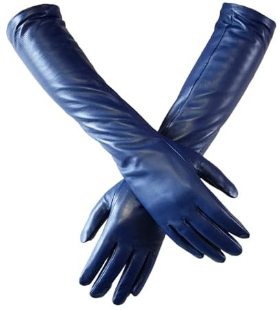 Lange Lederhandschuhe für Damen, Schaffell, dünn, über Ellenbogen, langes Fleecefutter, warme Winterhandschuhe, blau, 8 1/2