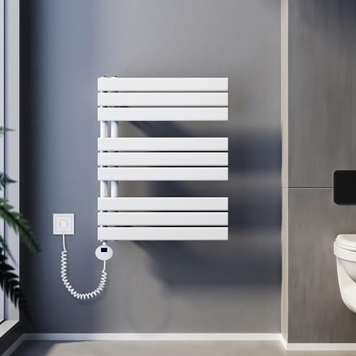 SUNXURY Scaldasalviette elettrico con termostato, 762 x 600 mm, 400 Watt, bianco, portasciugamani elettrico, piatto, con barra riscaldante