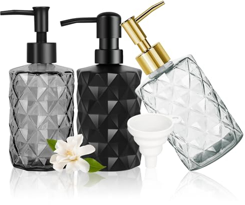 Seifenspender Glas für Badezimmer,3 Stück,330 ml Badezimmer Seifenspender Glas mit Funnel,Nachfüllbarer Pumpspender für die Küche,Vintage-Soap Dispenser mit Mattschwarzer Pumpe,für Shampoo,Spülmittel