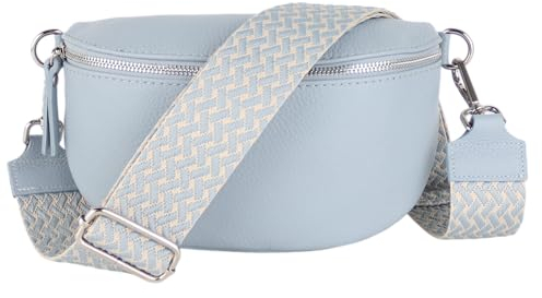 MIRROSI® Bauchtasche Damen, Echtleder, Made in Italy, Umhängetasche, Brusttasche, Crossbody Bag (1 Tasche & 2 Gurte) (Babyblau (Flecht Babyblau), Mittelgroße Tasche (25x16x7cm))