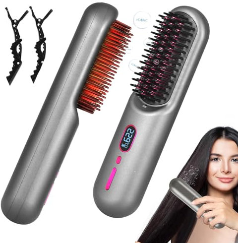 Brosse Lissante Chauffante, Mini Brosse Chauffante Ions Négatifs sans Fil, Anti-BrûLure Lisseur Cheveux Portable, USB Rechargeable, Peigne Chauffant Cheveux Professionnel pour Cheveux Crepus (Gris)