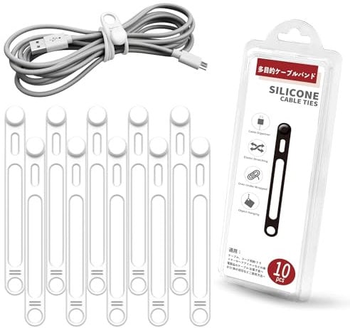 Viaky Silicone Cable Ties 10Pcs, Reusable Cable Straps Management Organizer, Elastic Wire Ties Cable Clip Cord Organizers for Earphone Cable, Charger, Computer, Audio Cable Bundling, White