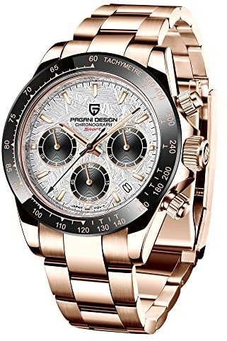 Pagani Design Klassische Quarzuhr für Herren, Japanisches Uhrwerk VK63, Keramik-Lünette, Edelstahl, wasserdicht, Business Sport, Chronograph Datum (Gold-grau-meteorit-pd1644)