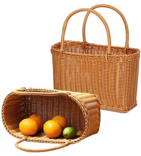 CEIEVER Woven Storage Basket with Handle - Large Capacity Rattan Shopping Basket for Wedding, Party, Picnics, Shopping, Storage, Harvesting