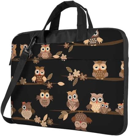 Laptoptasche mit niedlichem Cartoon-Eulen-Druck, stilvolle Kuriertasche und Laptoptasche für Damen und Herren, Schultergurt, Schwarz, 15.6 inch