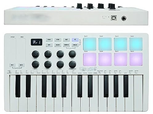 Controller MIDI per tastiera, controller MIDI a 25 tasti, con 8 beat pad RGB e 8 manopole assegnabili, sensore touch, per produzione musicale, cantante, principiante