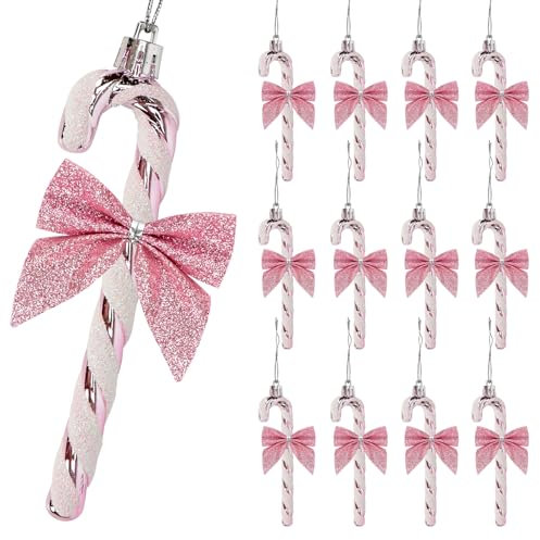 12 Pcs Candy Cane Christmas Decorations,5.5inch Glitter Candy Cane Bows for Xmas Tree Hanging Ornament Holiday Festival Party Home Decoration (Pink)