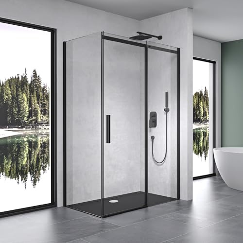 Mai & Mai Duschkabine Duschabtrennung Schwarz 100x110cm Eckeinstieg | Eck-Dusche mit Schiebetür, 8mm Sicherheitsglas mit NANO Ravenna18K
