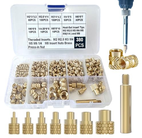 380 Stück Gewindeeinsätze Set mit M2, M2,5, M3, M4, M5, M6 (1/4), M8 Messing Gewindeeinsätzen für 3D-Druck Komponenten und Kunststoffteile, Messing Metrische Eingerollte Muttern