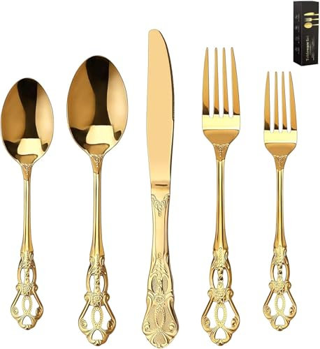 Juego de vajilla dorada y plateada, juego de 20 piezas de acero inoxidable para 4 utensilios de cocina antioxidantes, incluye cuchara de tenedor y cuchillo para casa y restaurante, lavavajillas,