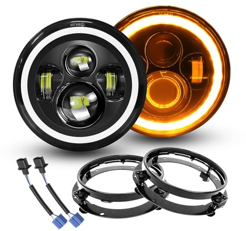 Willpower 2X 7 Zoll Motorrad LED Scheinwerfer Runden 50W 5000LM, Bernstein Weiß 4 Modi Beleuchtung DRL HI LO Strahler Feuer Kreuz Offroad für Auto Wrangler JK TJ LJ CJ JP Hum, Mit Rundring Halterung