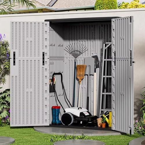 Abri de rangement extérieur en résine avec plancher double portes étanche gris abri de jardin pour jardin, terrasse, solution de rangement extérieure