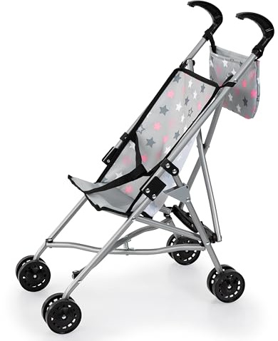 Bayer Design Puppenbuggy mit Tasche, Doppelräder, für Puppen bis 46 cm | faltbar, aus Metall, grau mit Sternen