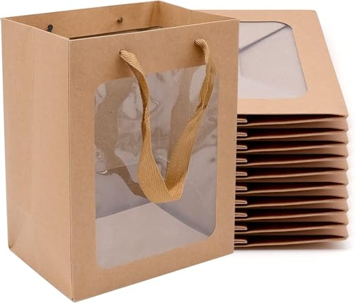 Serenelight Geschenktasche mit Sichtfenster - 20 Stück Papiertüten Braun - 180GSM Papiertüten mit Henkel - 30x20x16cm Kraftpapier Geschenktüten mit Fenster - Verpackungstüten Geburtstag Hochzeit