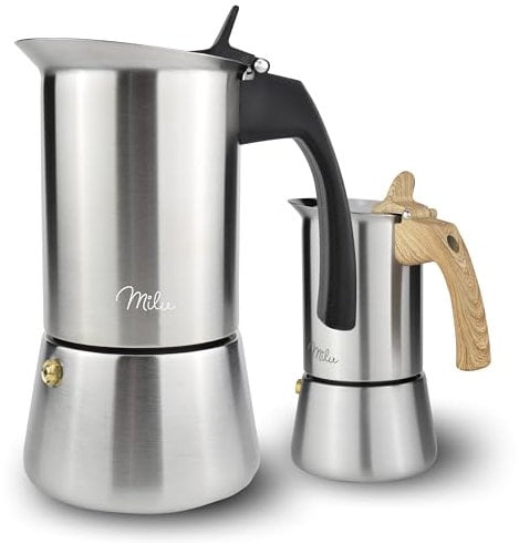 Milu Espressokocher 2, 4, 6, 9 Tassen - Sparset - Edelstahl Glas Mokkakanne, Espressokanne, Espresso Maker Set inkl. Untersetzer, Löffel, Bürste (Bundle)