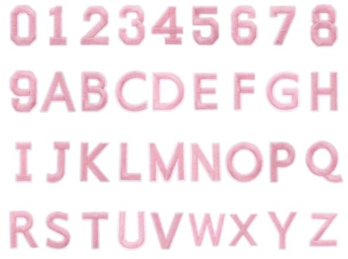 QUARKZMAN 72 Stück Aufnäher zum Aufbügeln, A-Z Buchstaben und 0–9 Zahlen zum Aufbügeln, Gestickter Patch zum Aufbügeln für Kleidung, Hosen, Hüte, Taschen(Rosa）