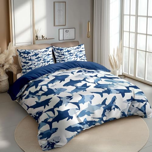 CozyRest Kind Bettwäsche Set 100 x 135 cm, Tarnfisch im Ozeanstil Bettbezug Set 2 Teilig, Weiche Microfaser Wende Blau Bettwäsche mit Reißverschluss und 1 x 40x60cm Kissenbezüge