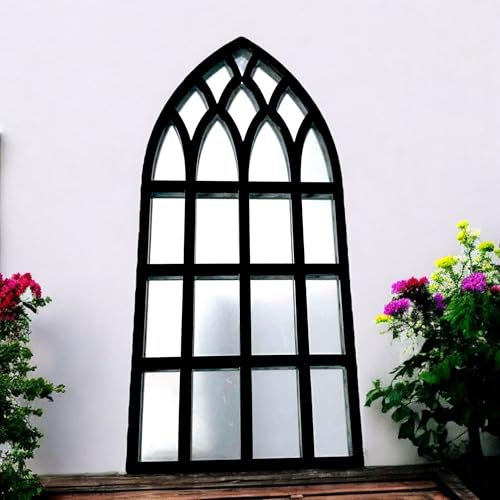 Gothic Cathedral Arch Wall Mirror, Black Frame, Large Decorative Window-Style Mirror 80cm x 35cm