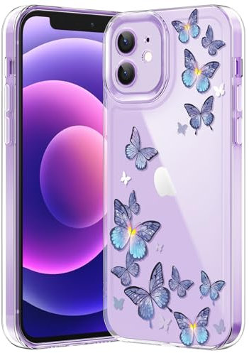 CASBST Compatible with iPhone 12 Case, Clear Case with Cute Butterfly Pattern Design for Girls Women, Slim Soft TPU Shockproof Protective Aesthetic Phone Cover for iPhone 12 (Purple Butterfly)