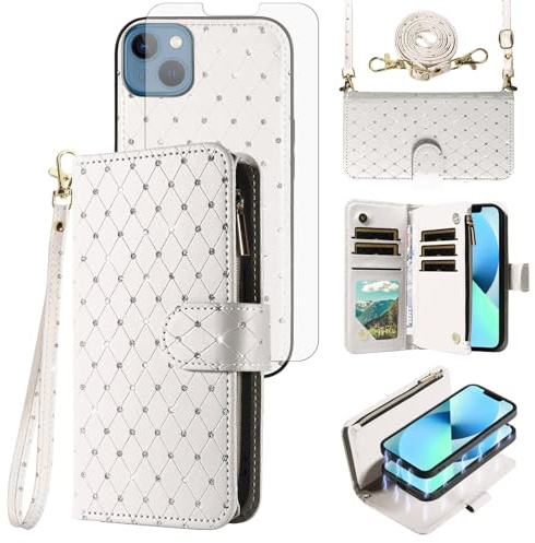 Compatible with iPhone 13 Mini 5.4 inch Wallet Case Zipper Cell Screen Protector Crossbody Strap Glitter Flip Card Holder Phone Cover for iPhone13mini i-Phone 13minicase i iPhone13 13mini Women White
