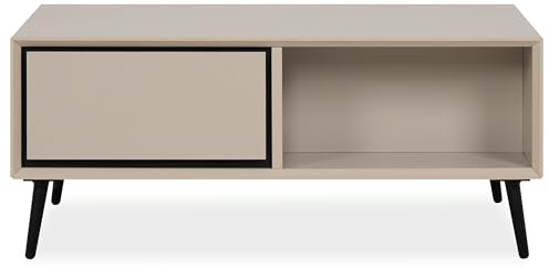 Newroom Couchtisch 94x55 cm Sofatisch mit 2 Schubladen & offenen Fächern - moderner Wohnzimmertisch in Sandgrau Schwarz - Design Tisch mit Schattenfuge