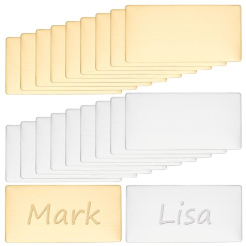 UNICRAFTALE 20 piezas 2 colores Etiquetas autoadhesivas con nombre grabado con láser Placa rectangular vacía placas de nombre de acero inoxidable Cartel artístico para marco con parte trasera