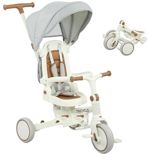 AIYAPLAY Dreirad 5-in-1 mit Schubstange für 1-3 Jahre Faltbar Kinderdreirad mit reversiblem Sitz, Fußstütze, ausziehbar Sonnendach, Aufbewahrungstasche, Sicherheitsgurt Cremeweiß