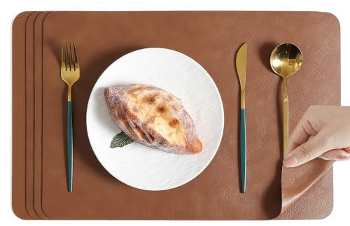 Komforbaa 4er Set Leder Platzsets, Platzdeckchen Abwaschbar Hitzebeständig,Tischsets Doppelseitigen rutschfest braun