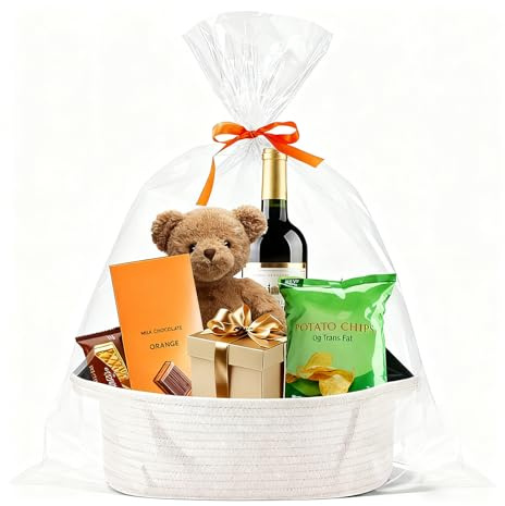 Feegela Geschenkkorb Leer, Korb für Geschenke Mit Geschenktüten Und Bändern | Weiß Aufbewahrungskorb Geflochten für Geburtstag, Babyparty, Hochzeit, Ostern, Erntedank, Weihnachten (31x21x12cm)