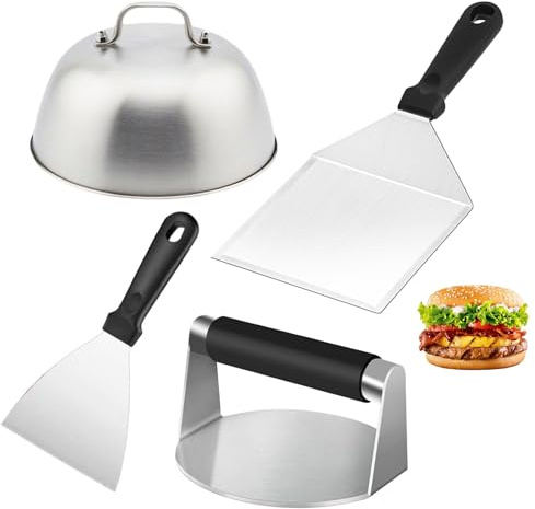 Smash Burger Set aus Edelstahl, 4 Smash Burger Set, Vielseitig Burgerpressen Kit, mit Burgerpresse, Grillspachtel, Pfannenwender und Burgerglocke, Spachtel Set, für Plancha, Gasgrill