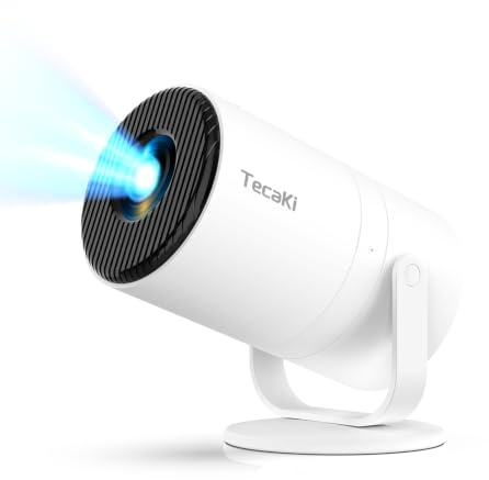 Tecaki Mini Projektor mit WiFi 6 & Android 14 & Bluetooth 5.2 | 180° drehbar, Auto Keystone, Integrierte Apps, 1080P tragbar für Zuhause Schlafzimmer, kompatibel mit TV Stick, HDMI, USB